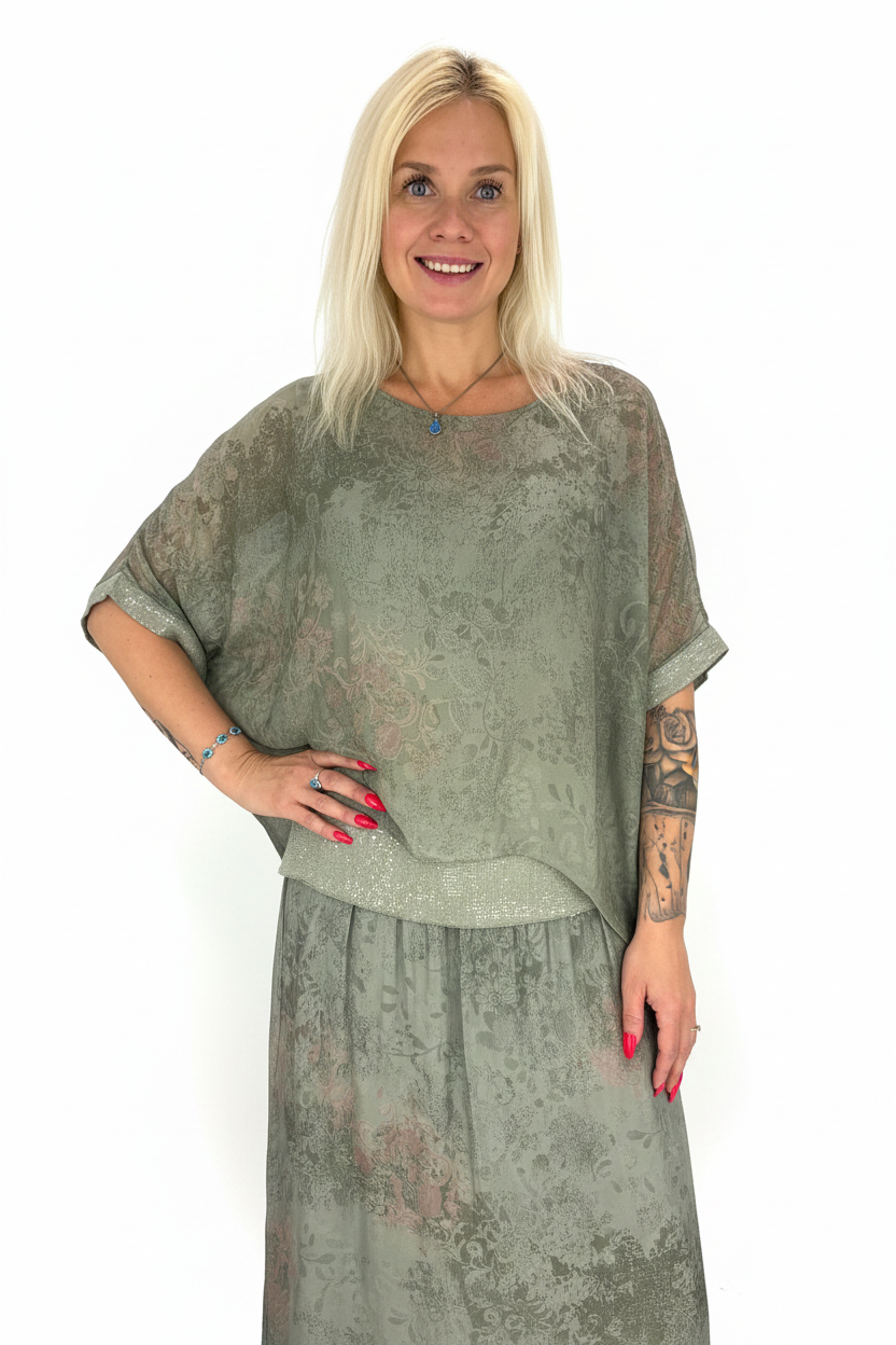 Italienske silke-viskose sæt med nederdel ✨