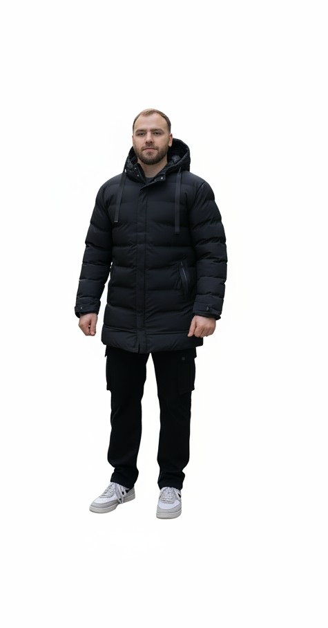 Mellemlang vinter jakke med Hætte Sort og Grøn