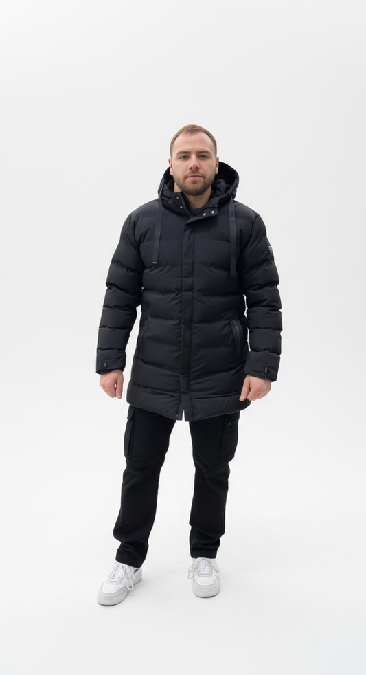 Mellemlang Herre vinter jakke med Hætte til mænd - Sort og Grøn