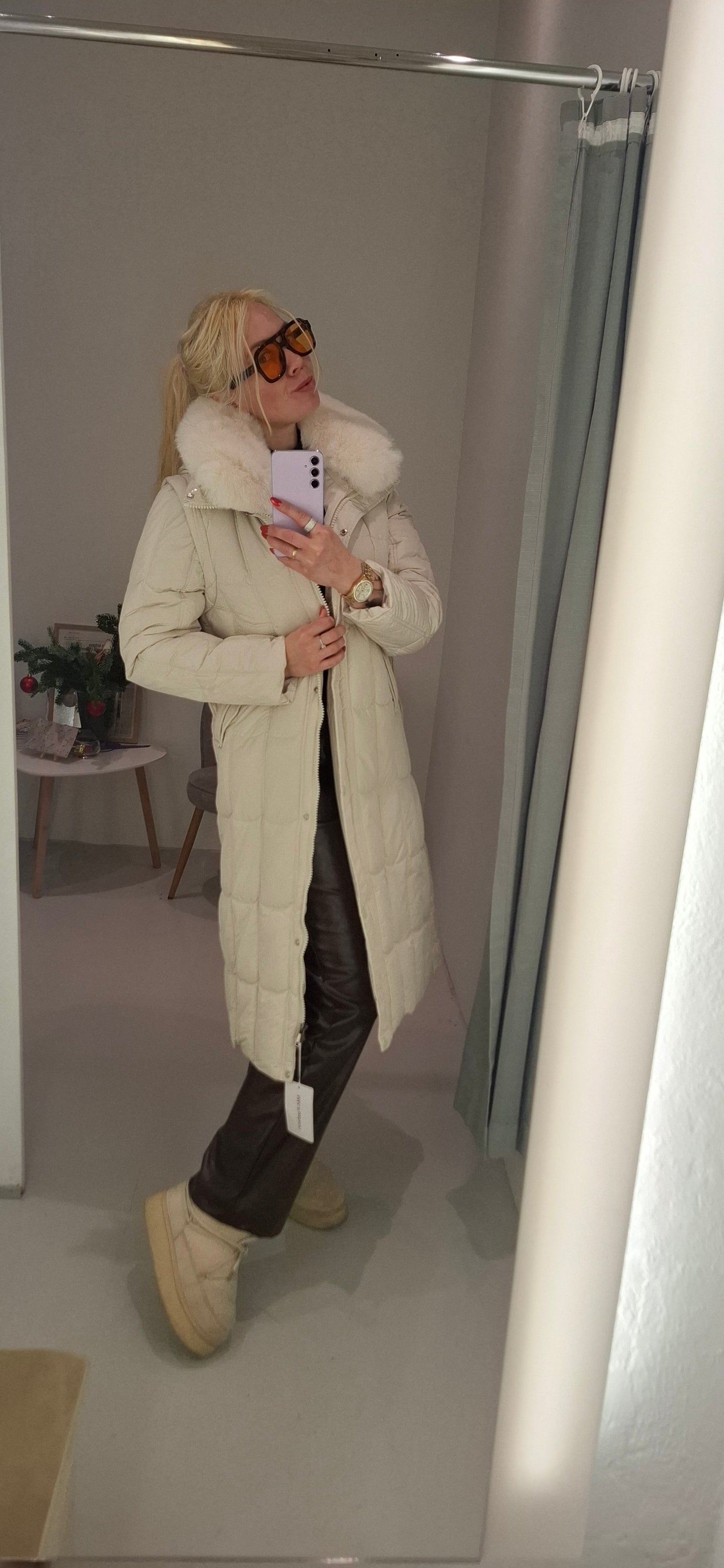 Lang Vinter jakke til Kvinder med Aftagelig Pels - Sort og Beige