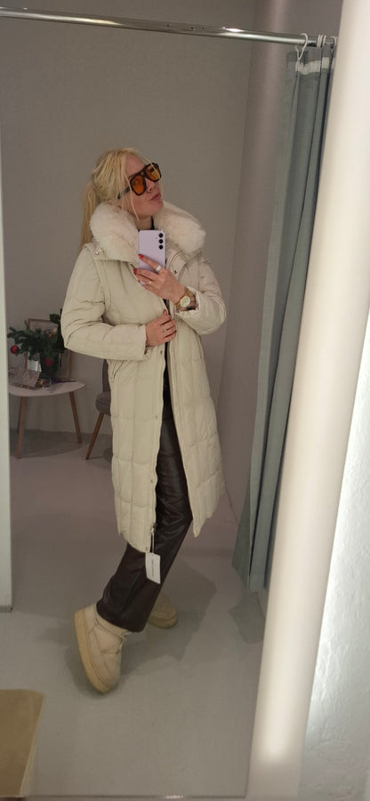 Lang Vinter jakke til Kvinder med Aftagelig Pels - Sort og Beige