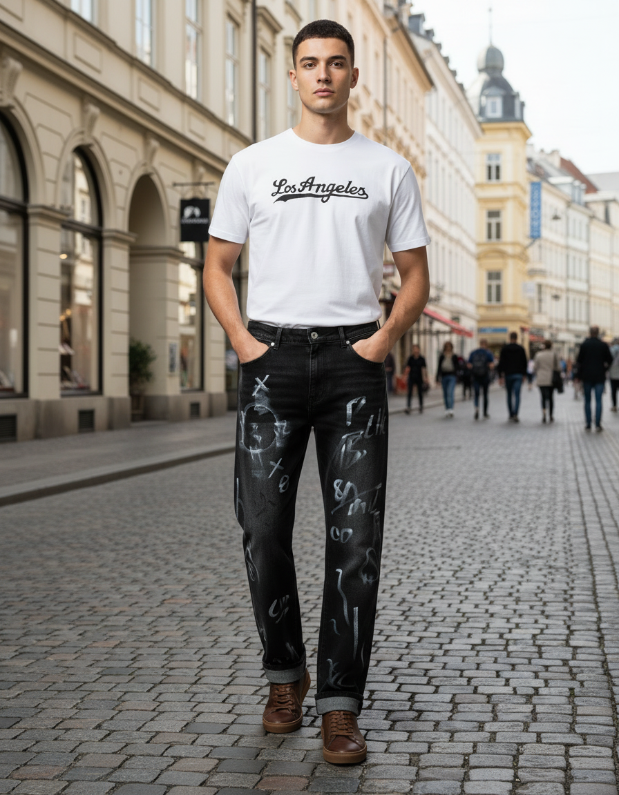 Morderne Jeans bukser med print unisex kinesiske stil.