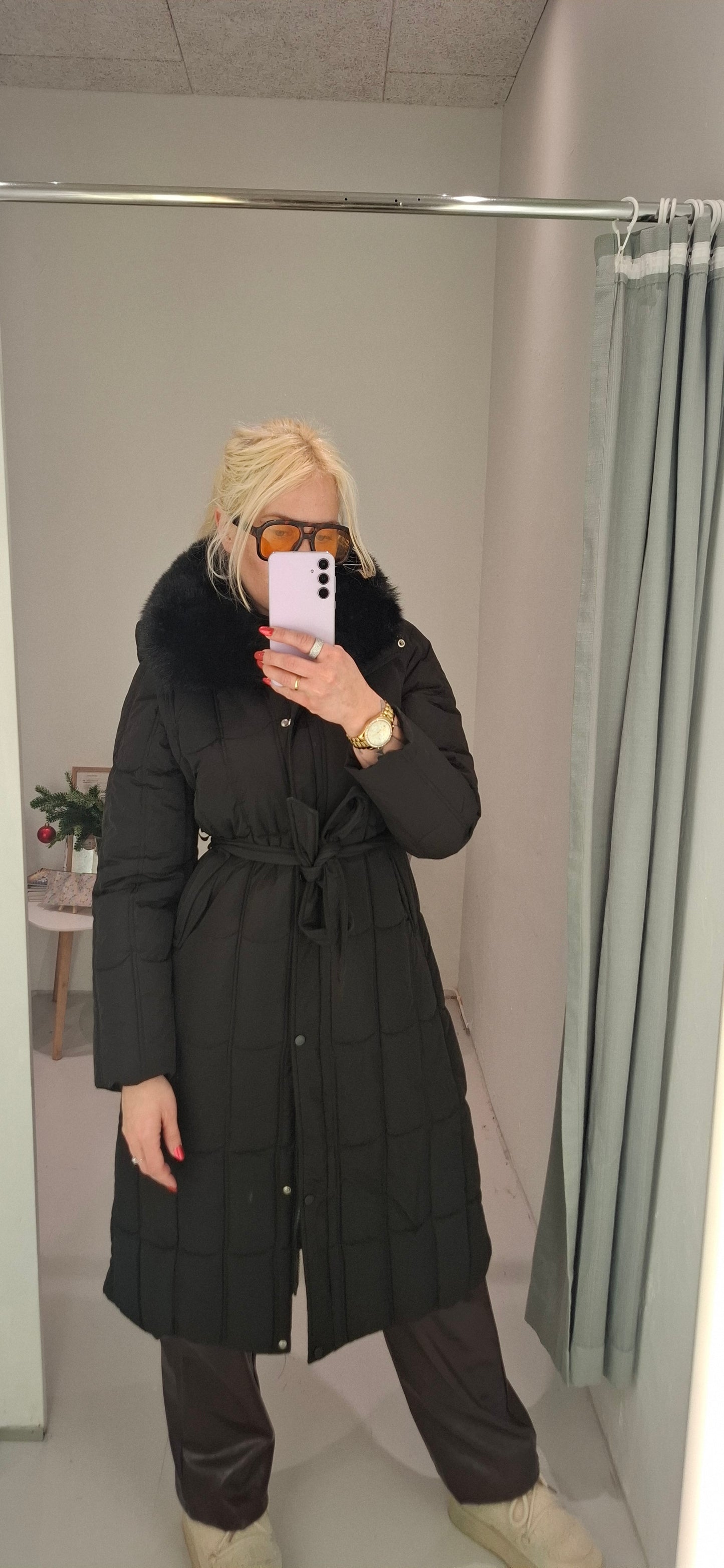 Lang Vinter jakke til Kvinder med Aftagelig Pels - Sort og Beige