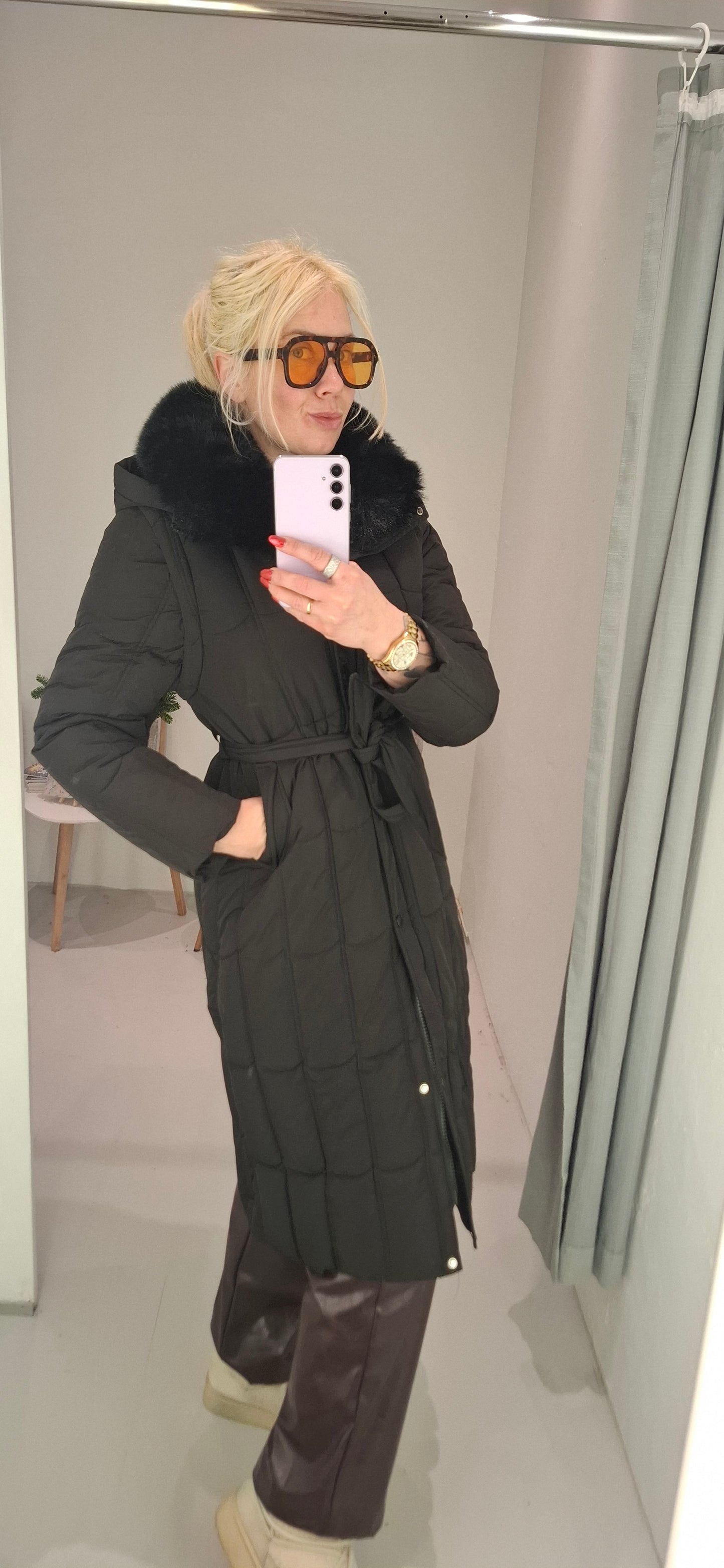 Lang Vinter jakke til Kvinder med Aftagelig Pels - Sort og Beige