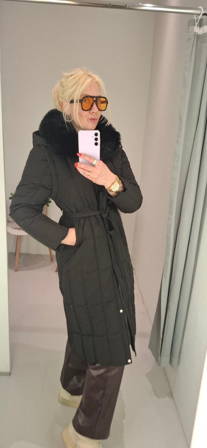 Lang Vinter jakke til Kvinder med Aftagelig Pels - Sort og Beige