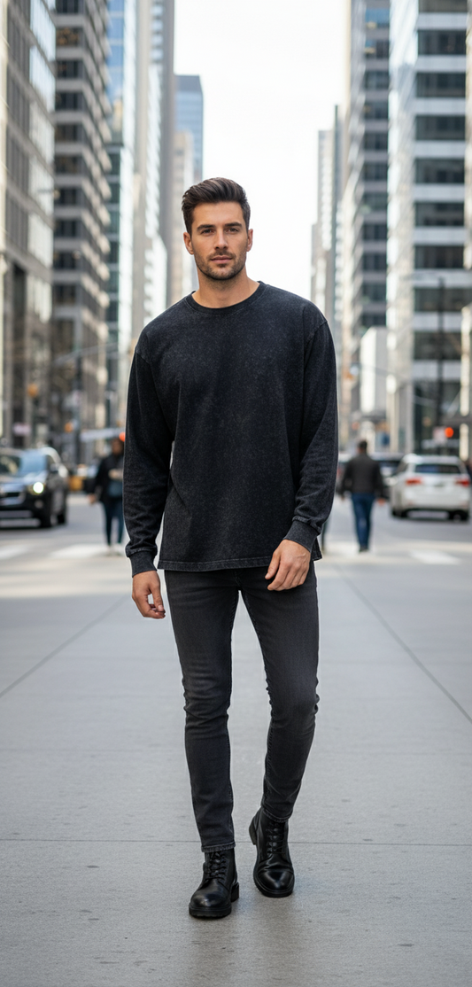 Herre strikket langærmet T-shirt 100% bomuld til  mand